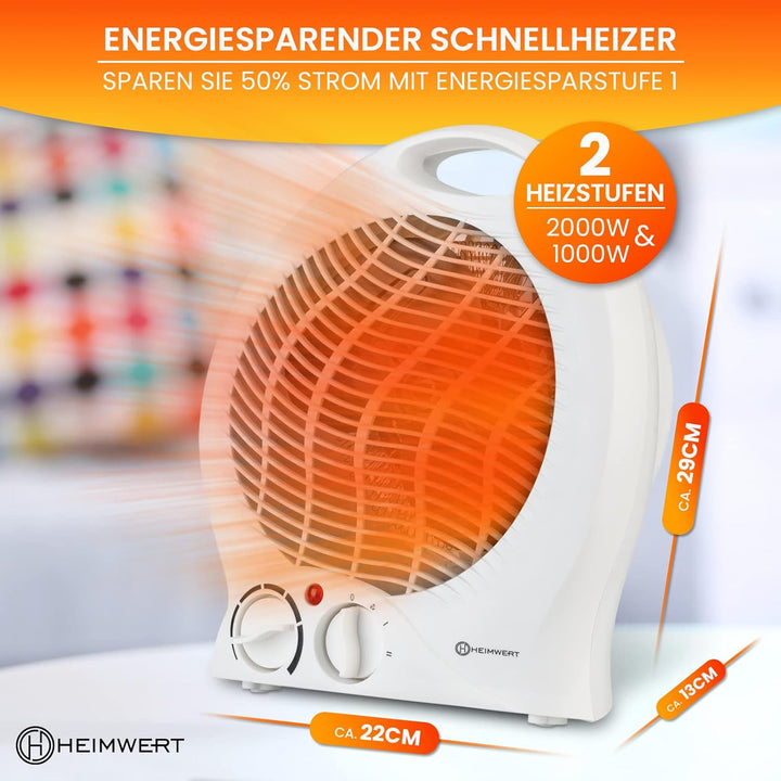 Heizlüfter energiesparend 2000 Watt - Schnellheizer mit ENERGIESPARSTUFE und Tragegriff - Elektrohei
