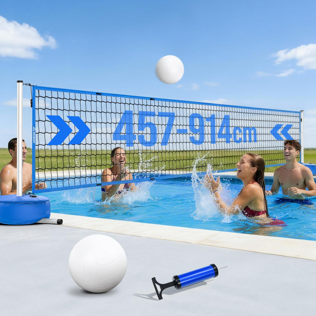 Pool Volleyball-Set, Tragbarer Volleyballnetz Verstellbar 4,5-9,1m mit Volleyball, Stabilem-Stangen