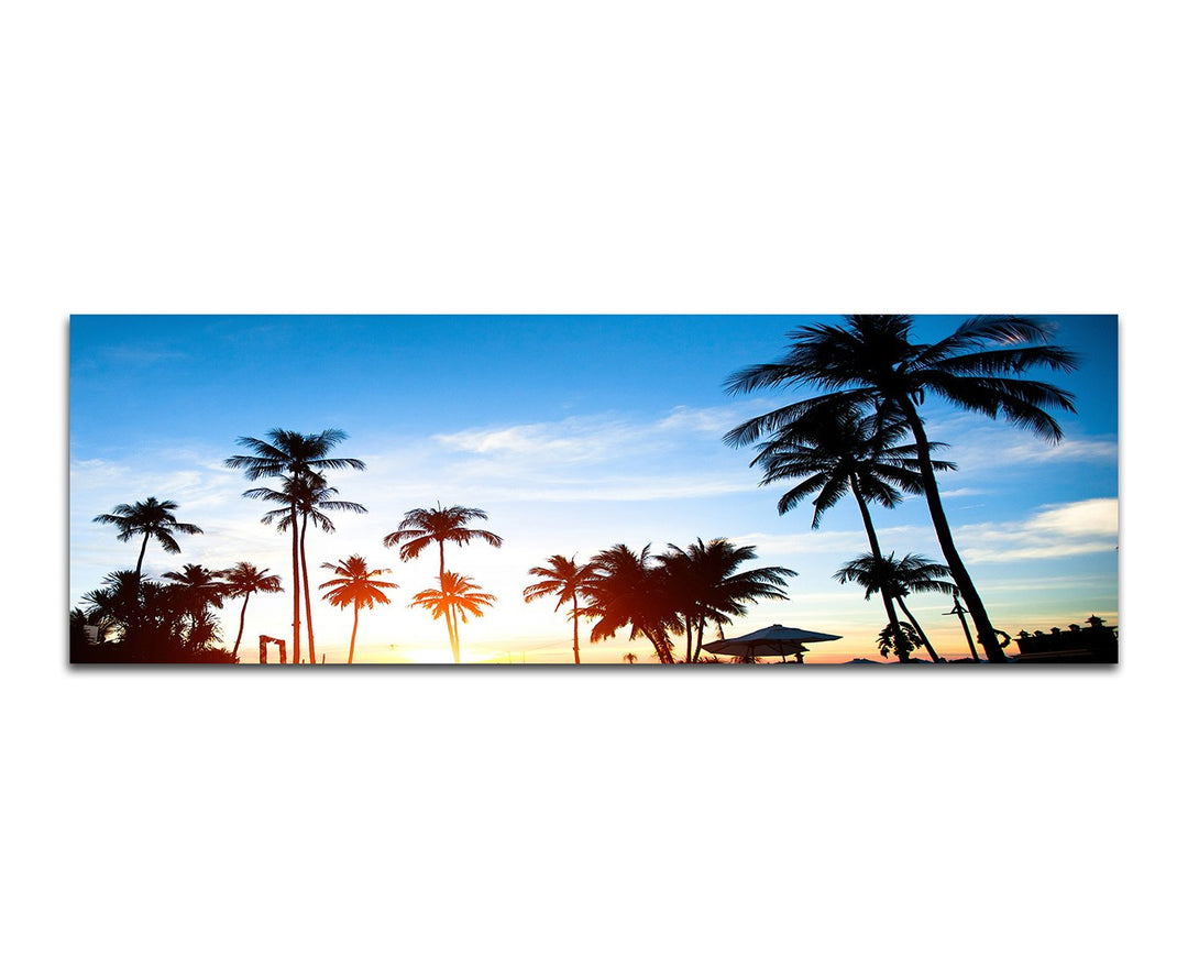 Panoramabild auf Leinwand und Keilrahmen 150x50cm Tropen Wasser Palmen Sonnenuntergang