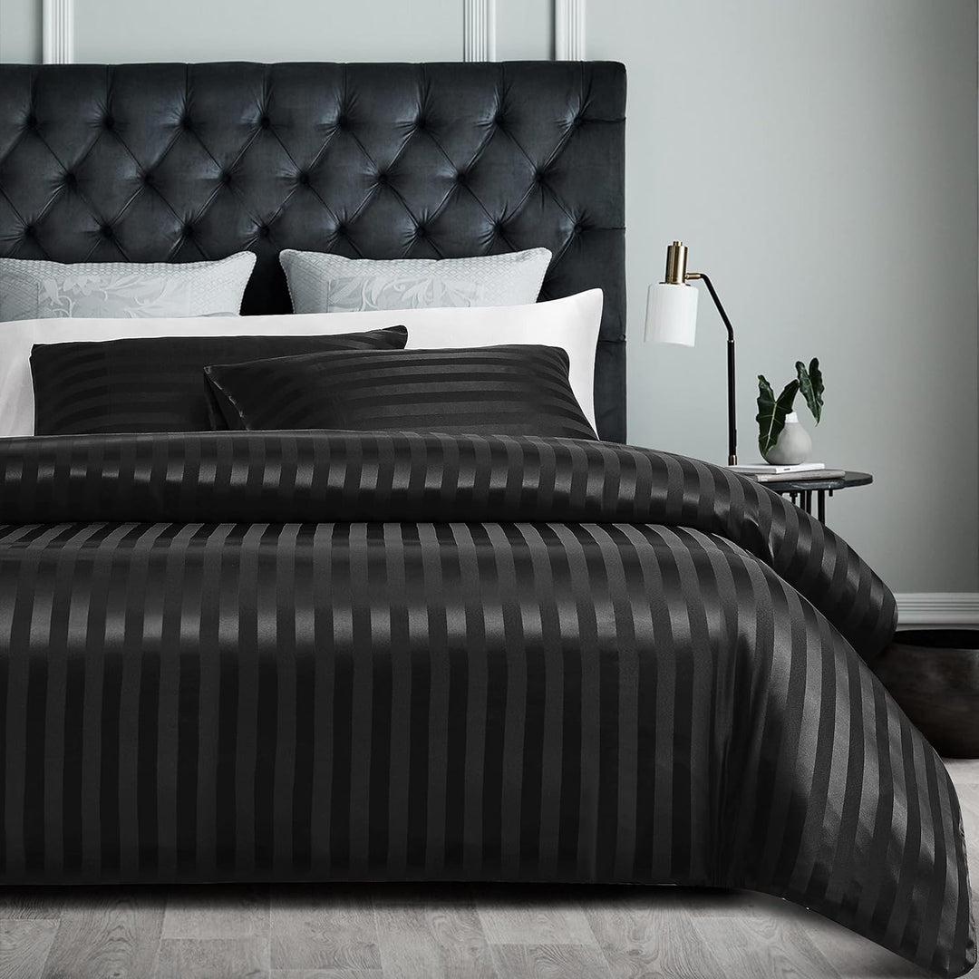Damier Bettwäsche 155x220cm Schwarz Satin gestreift Bettwäsche Set Seidig glänzend hochwertiges Glan