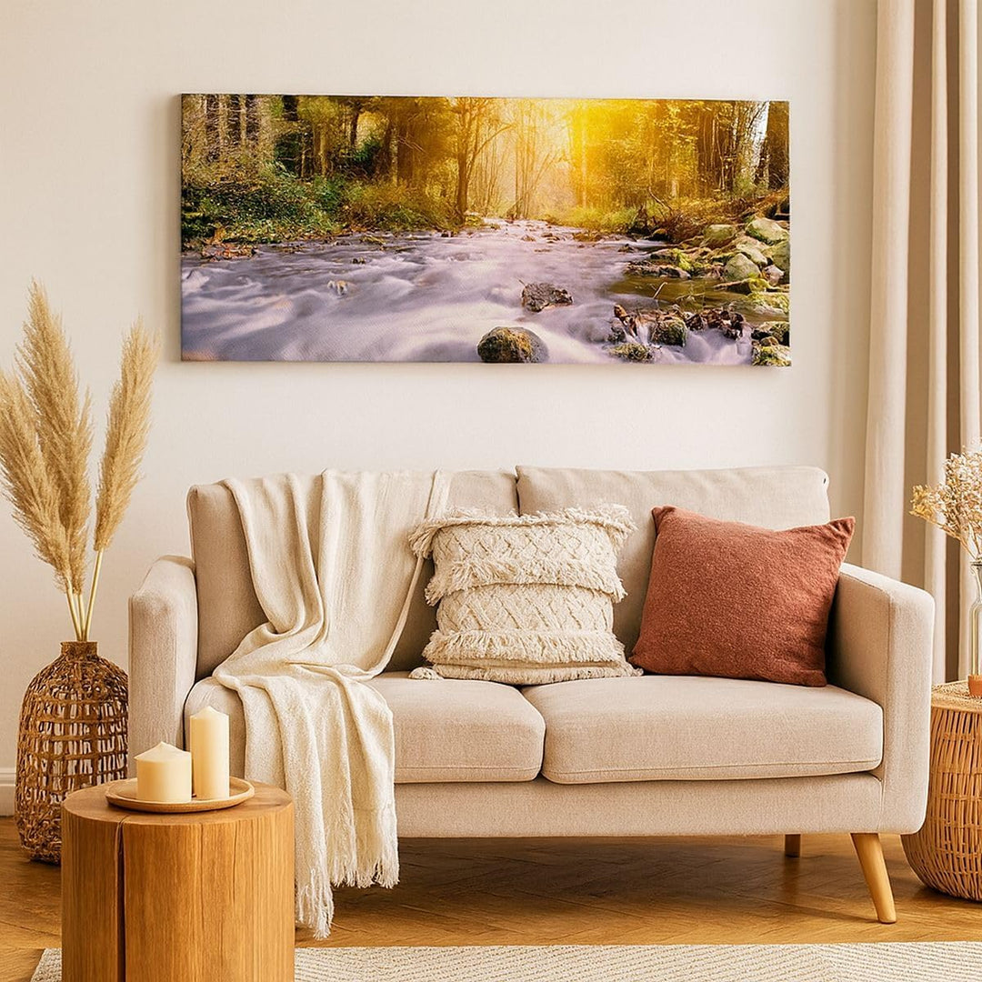 Wandbilder Dekoration Wohnzimmer Herbst Wald Berg Fluss Panorama Bilder auf Leinwand 120x50cm Leinwa