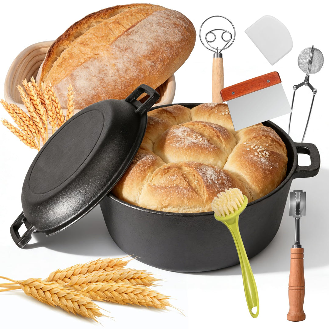 Brotbacktopf 26cm Gusseisen Topf Brot Backen, Backen inkl. Gärkorb, Bäckermesser & Teigschaber, Extr