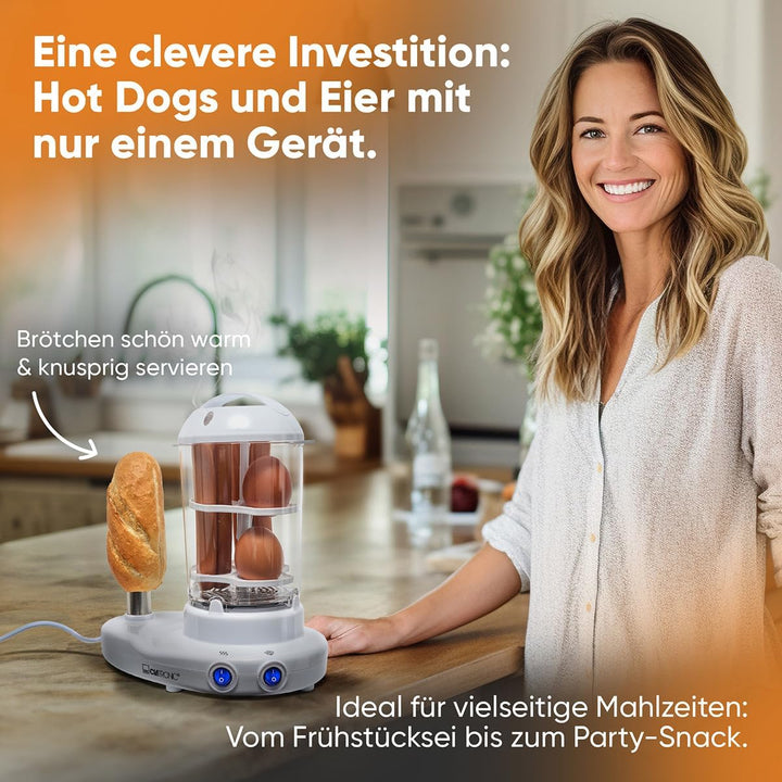 Clatronic HDM 3420 Hot-Dog-Maker inklusiv Eierkocher, Für 1 bis 14 Würstchen (z. B. „Frankfurter“, „