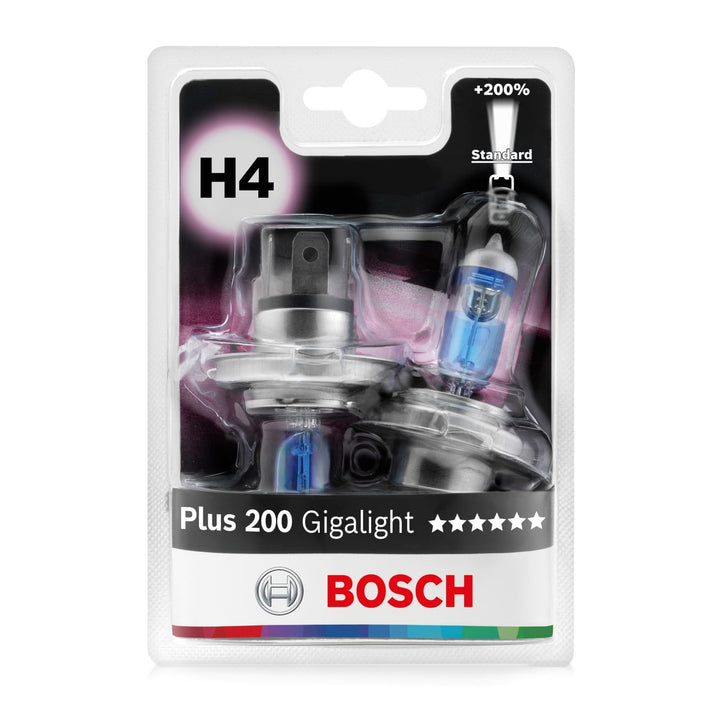 Bosch H4 Plus 200 Gigalight Halogen-Glühlampe für Auto-Scheinwerfer, 12 V 60/55 W, 200% mehr Licht -