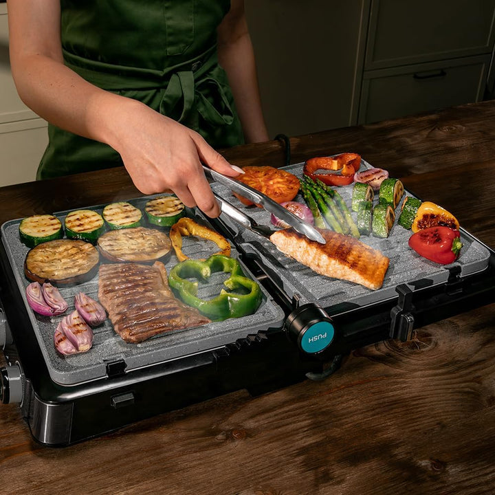 Cecotec Rock'nGrill 2200 Dual-Elektrogrill mit Grill, 2200 W, Öffnung 180°, Dual Temp, RockStone, An