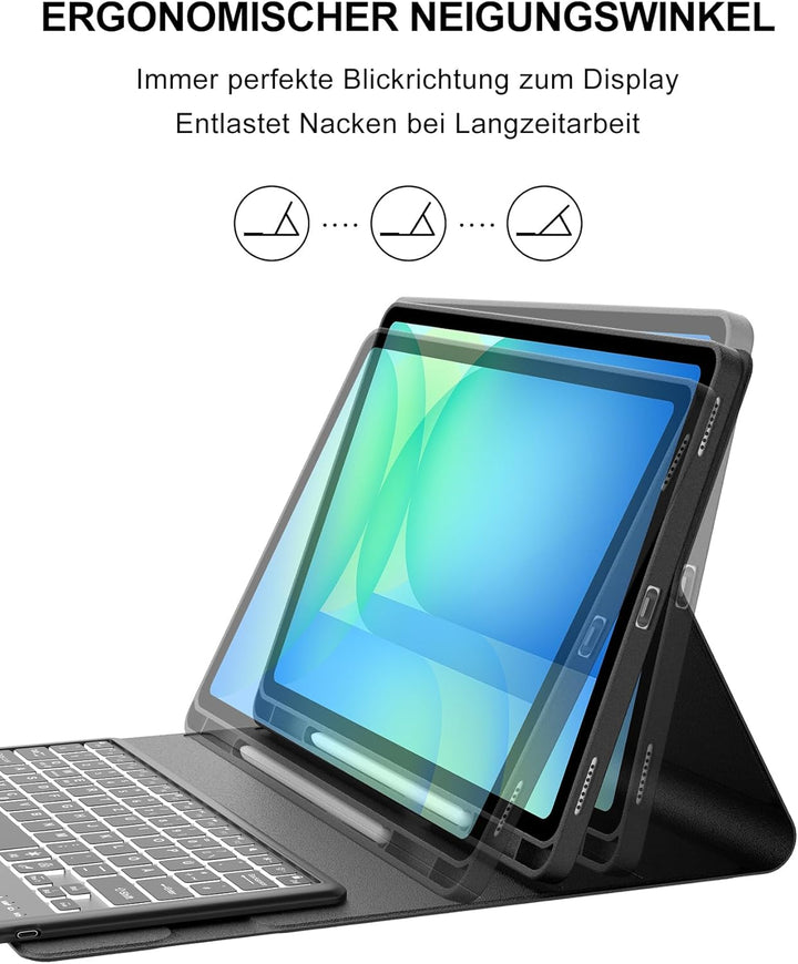Für Galaxy Tab S10 FE Plus Hülle mit Beleuchteter Tastatur & Trackpad – 7-Farben RGB, Deutsches QWER