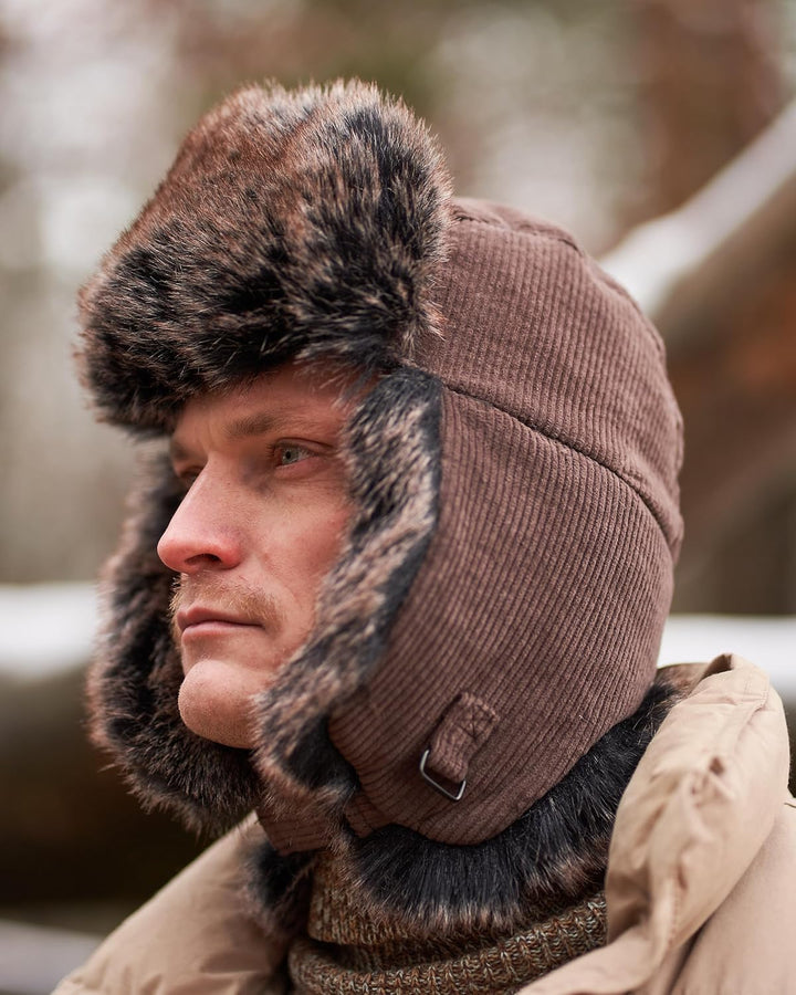 Futrzane Trappermütze aus Cord - Ushanka Herren - Fell Mütze mit Ohrenklappen S Braun - Braun Siberi
