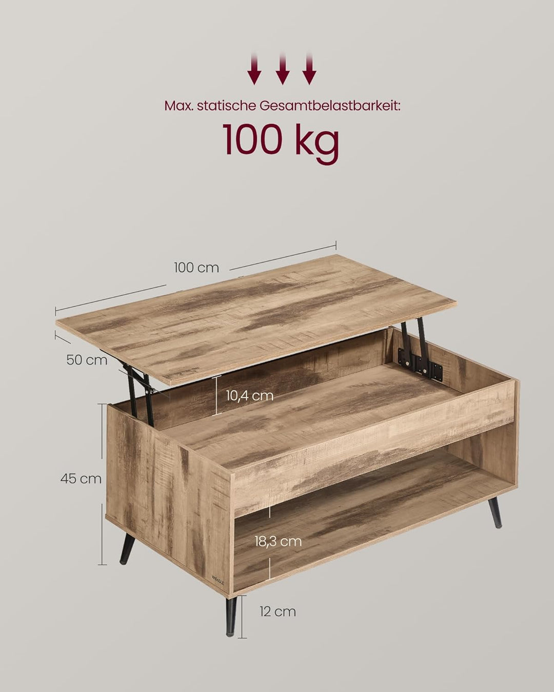 VASAGLE Couchtisch, höhenverstellbarer Wohnzimmertisch, Kaffeetisch, Gaszylinder, verstecktes Fach,