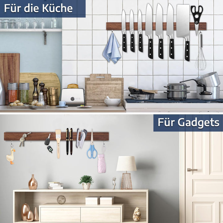 Dmore 50 cm Magnetleiste Messer mit 2 Haken, Messerhalter magnetisch ohne Bohren aus Walnuss, leistu