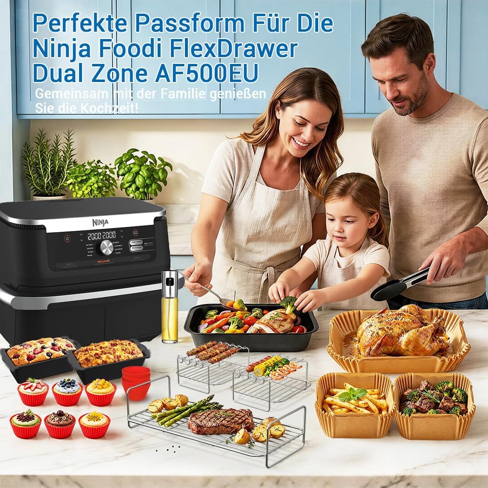 Airfryer Zubehör für Ninja Foodi FlexDrawer Dual Zone AF500EU 10.4L, Grillrost #304 Edelstahl, Backp