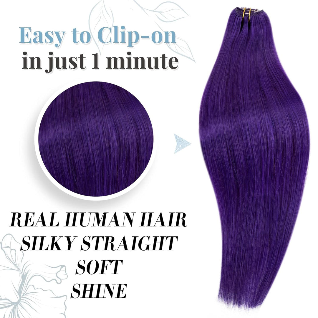 RUNATURE Lila Clip in Echthaar Extensions 50cm Purple Clip Extension Glatt 70g Lila Haarverlängerung