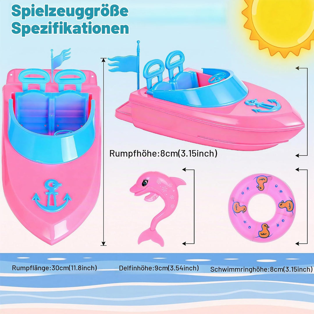 11,5-Zoll-Puppe und Boot-Spielset - Schwimmbadspielzeug mit Badekleidung, Schwimmwesten, Zubehör, 5,