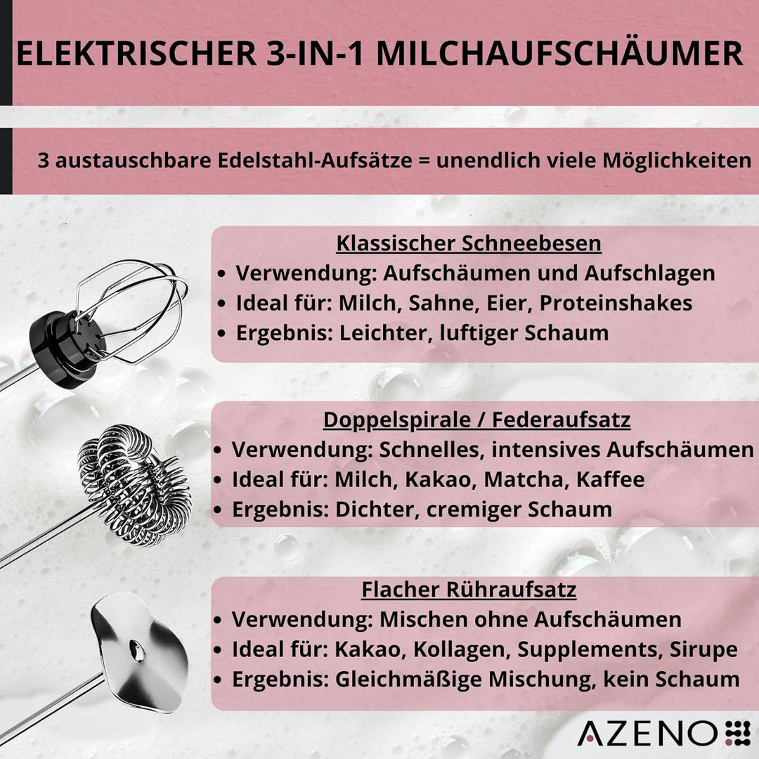 AZENO Elektrischer Milchaufschaeumer 3in1, akkubetrieben, USB-C, 3 Geschwindigkeitsstufen, 8 W, 600