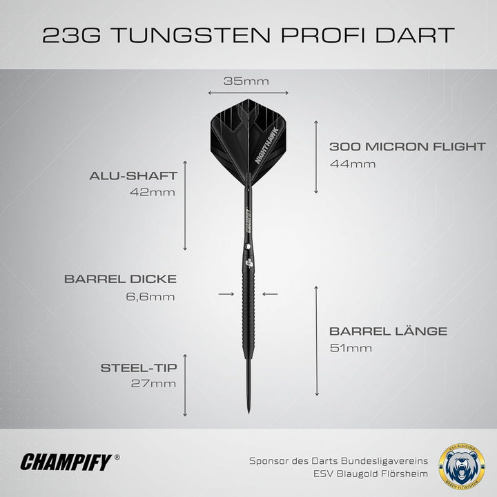Champify® 90% Tungsten Darts Set mit schwarzer Darttasche| 3 Steeldarts mit 9 Alu-Schäften & 9 Fligh