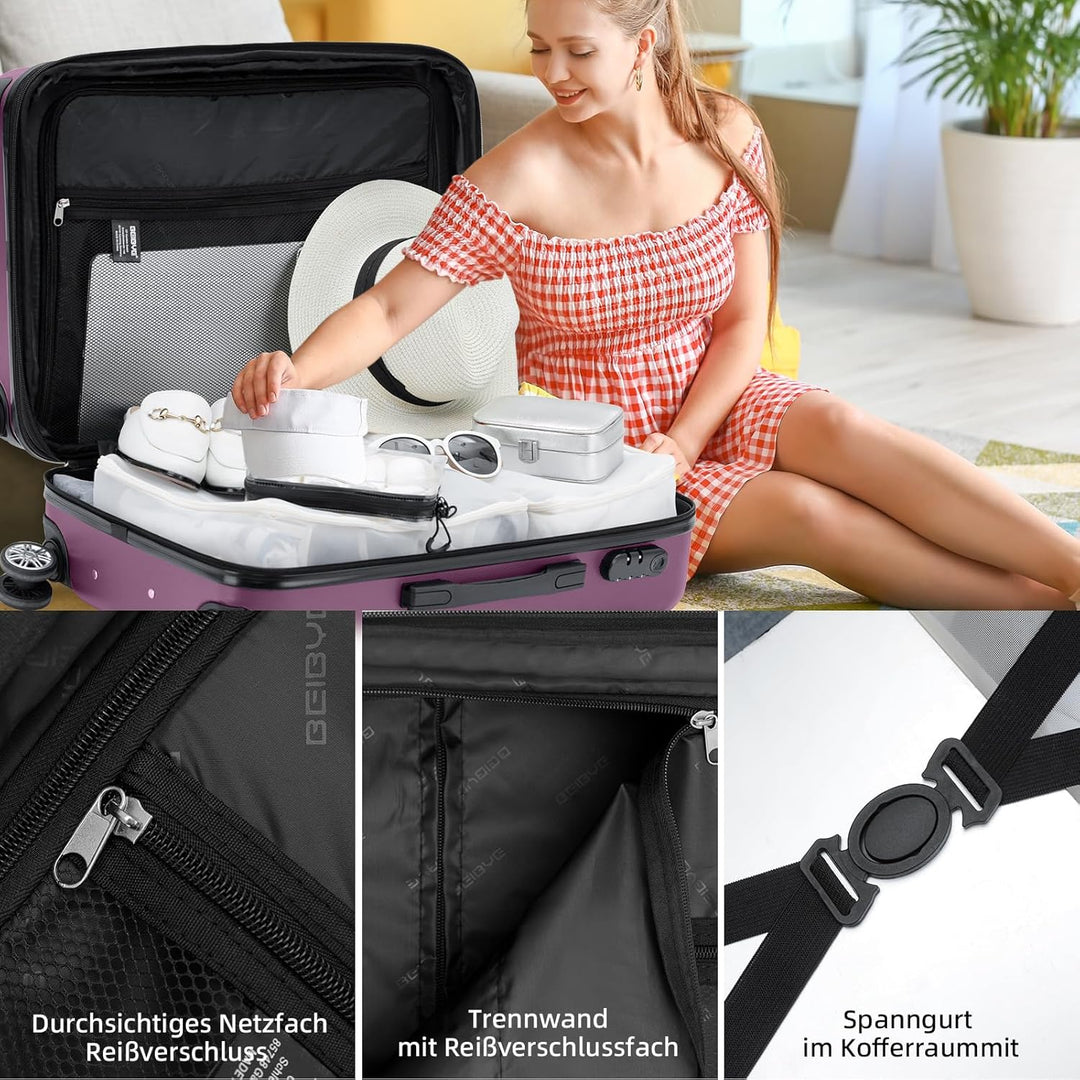BEIBYE Zwillingsrollen 2066 Hartschale Trolley Koffer Reisekoffer Gepäck M-L-XL-Set (Violett, Set) V