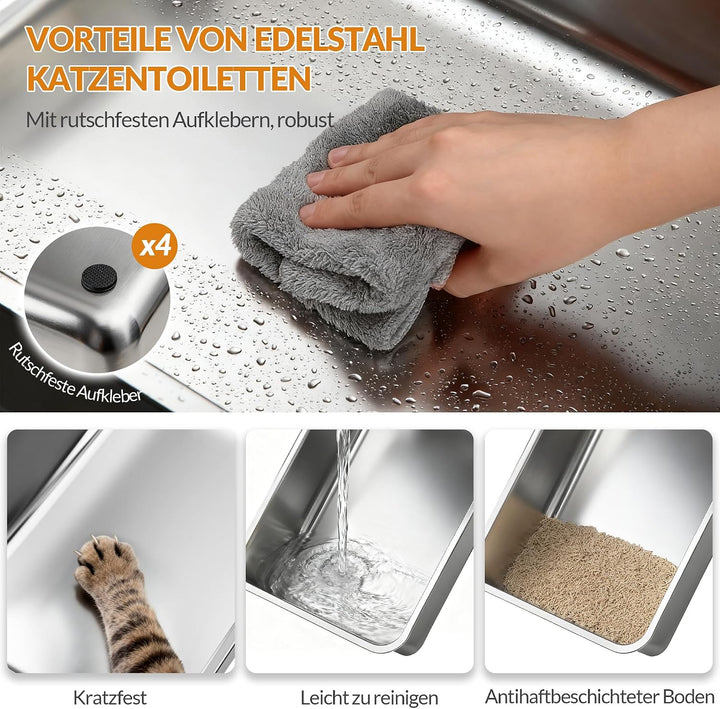Katzenklo Edelstahl, XXL Hoher Rand Katzentoilette, Hellgrau Hellgrau 1 Stück, Hellgrau 1 Stück
