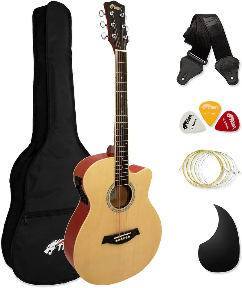 TIGER ACG4-NT Full-Size Elektro-Akustische Gitarre, Paket für Anfänger, mit eingebautem Tuner und EQ