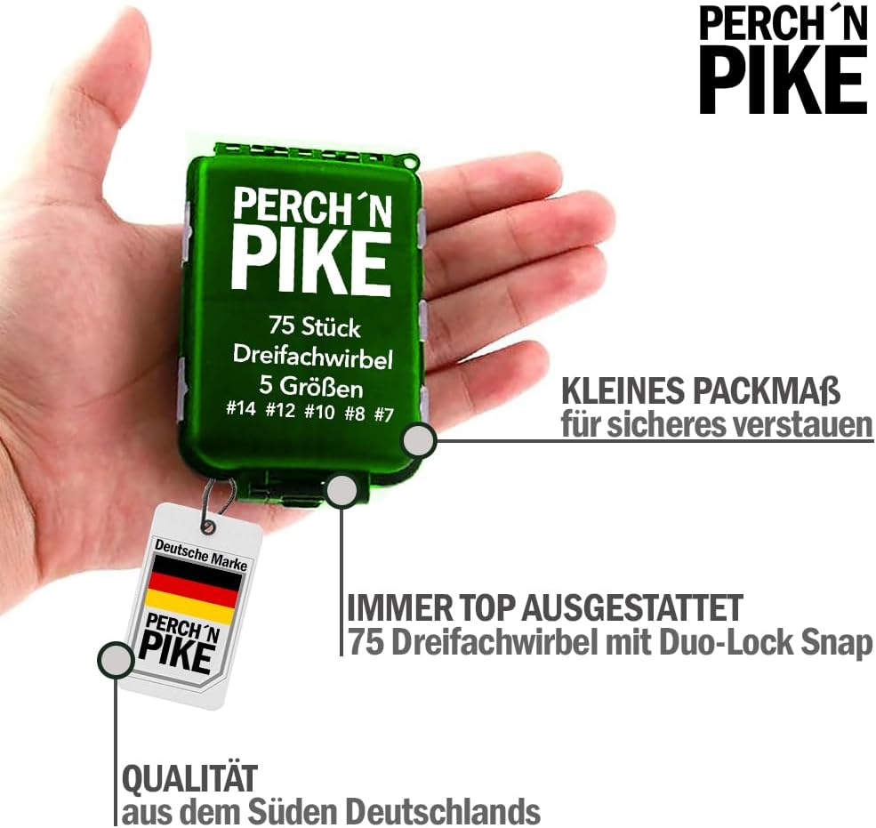 75 Dreifachwirbel im Set inkl. Box Duo-Lock Snap, 3-17 kg, Angelwirbel Set zum Spinnfischen, 5 Gröss