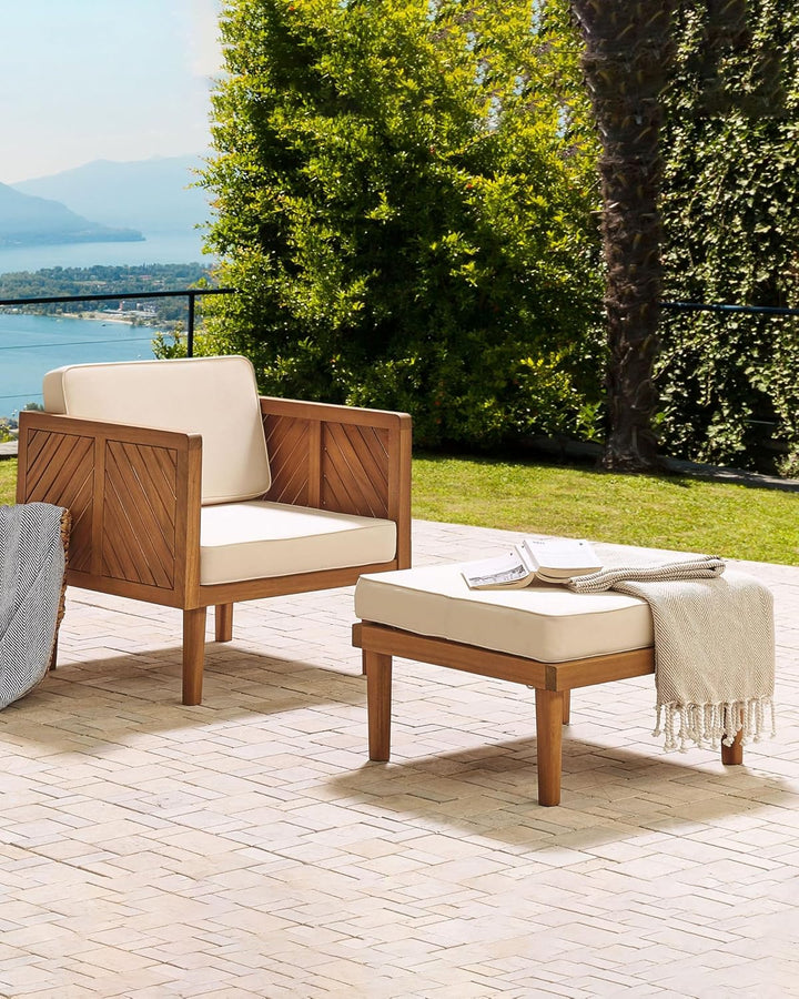 Outdoor Lounge Sessel Akazienholz hellbraun mit Auflagen weiss Rustikal Baratti