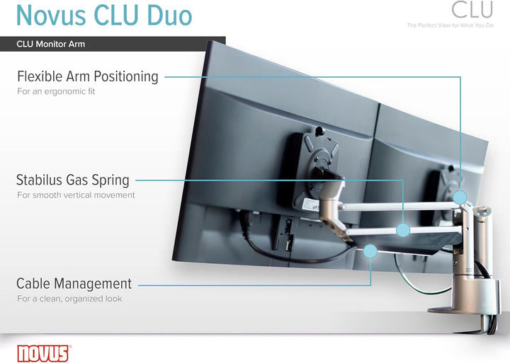 Novus CLU Duo Monitorarm Set, einfache Ausrichtung für Side-by-Side Viewing, 3 in 1, schnelle Montag