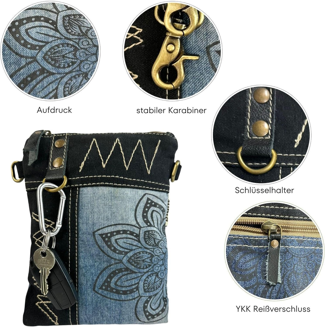 Sunsa Damen kleine Umhängetasche. Nachhaltige Tasche aus recycelte Jeans & Leder. Crossover bag in V
