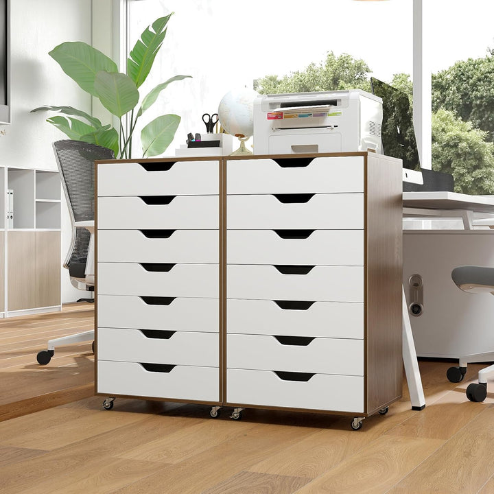 GIANTEX Rollcontainer mit 4 Schubladen & 2 Schränke, Aktenschrank mit Rollen, Schubladenschrank Holz
