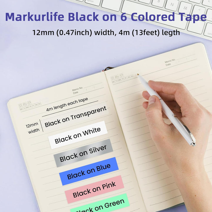 Markurlife Etikettenband Kompatibel mit DYMO Letratag Etikettenband Plastik 12mm x 4m Kompatibel mit