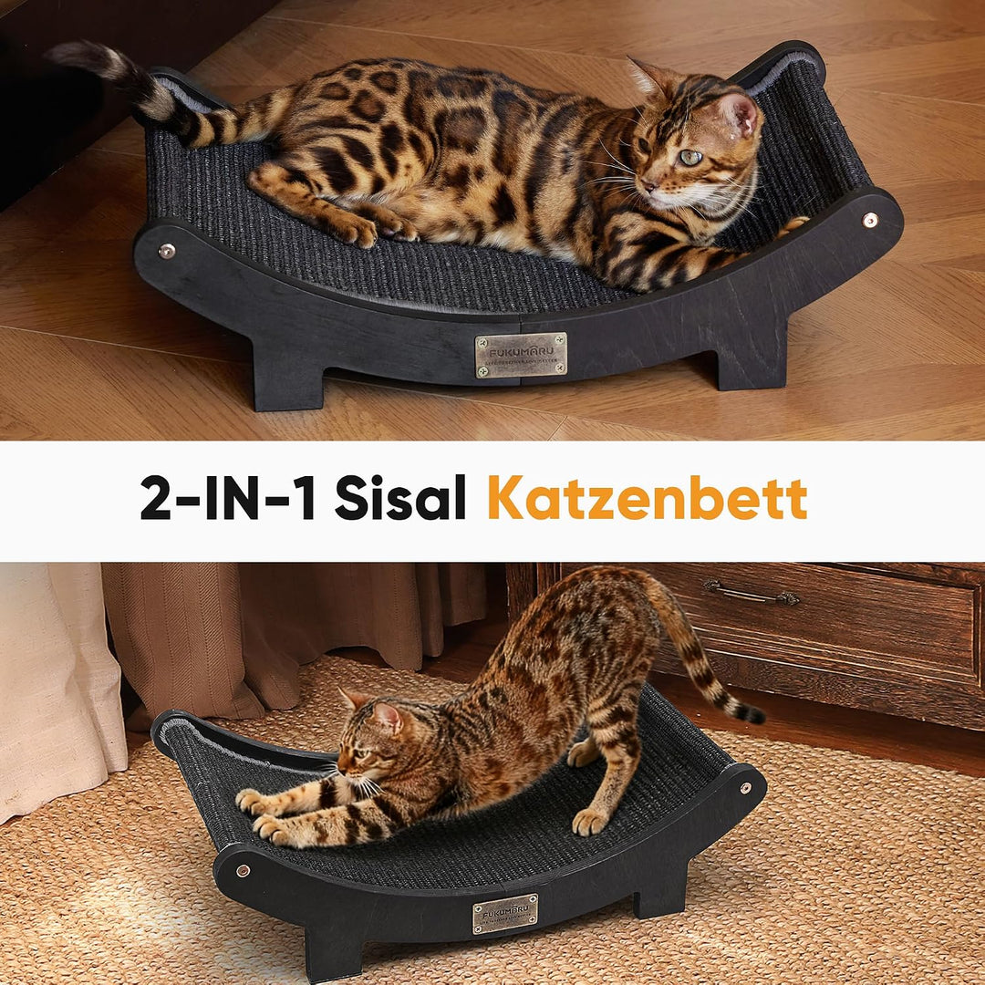 FUKUMARU Sisal Kratzbrett Holz, 60 cm strapazierfähiges Kratzbaum-Bett für Wohnungskatzen, Hängematt