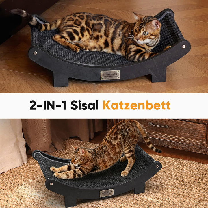FUKUMARU Sisal Kratzbrett Holz, 60 cm strapazierfähiges Kratzbaum-Bett für Wohnungskatzen, Hängematt