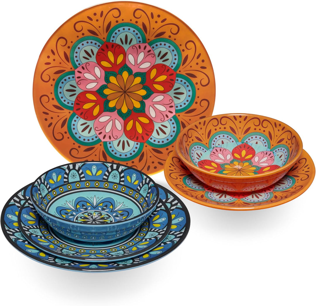 Melamin Geschirr Set Toskana Pastel Orange-Blau mit Wohnwagen Camping 4 Personen - Edelstahltassen G