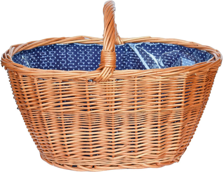Grosser Einkaufskorb / Autokorb aus Weide mit Henkel und Stoffeinlege in Blau mit punkten oval Typ