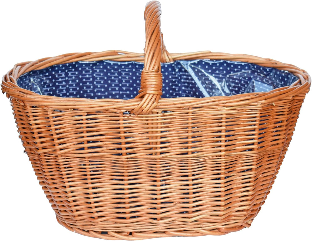 Grosser Einkaufskorb / Autokorb aus Weide mit Henkel und Stoffeinlege in Blau mit punkten oval Typ