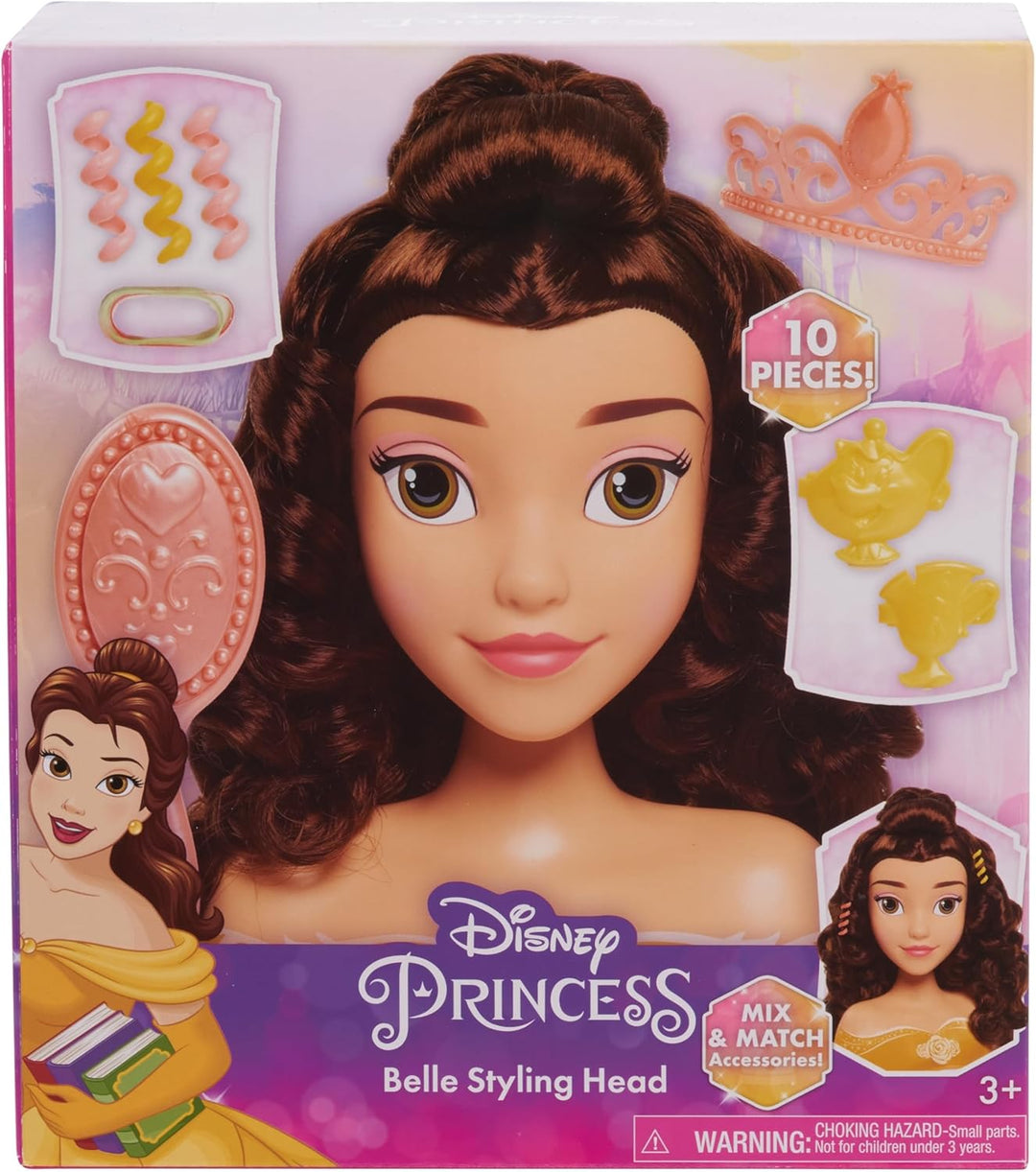 Just Play Disney Princess Belle Styling Head, Brown Hair, 10 Piece Pretend Play Set, Beauty and The