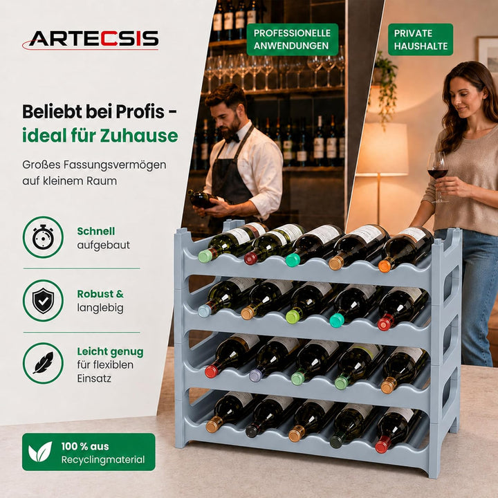 ARTECSIS® Weinregal stapelbar & modular erweiterbar Kunststoff für 24 Weinflaschen (betongrau) - Sta