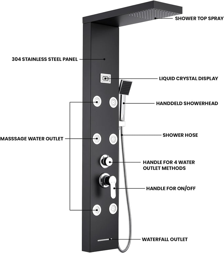 Auralum Duschpaneel Schwarz mit Armatur 4 Wasserausgabemodi, Duschsystem aus Rostfreiem Edelstahl mi