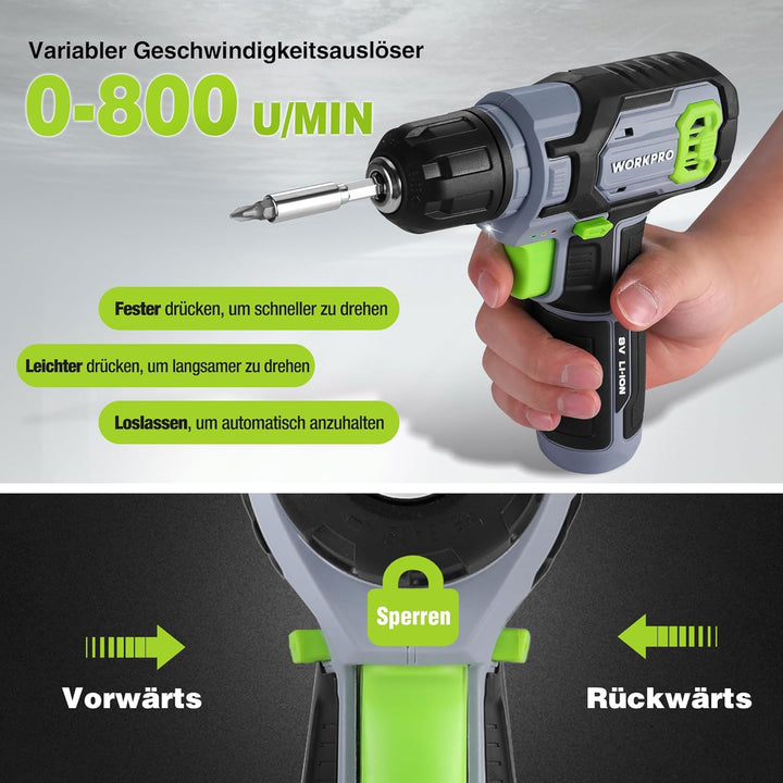 WORKPRO 8V Akku Bohrschrauber Set mit Transportkoffer, Akkuschrauber, 2x2000 mAh Akkus Bohrmaschine,