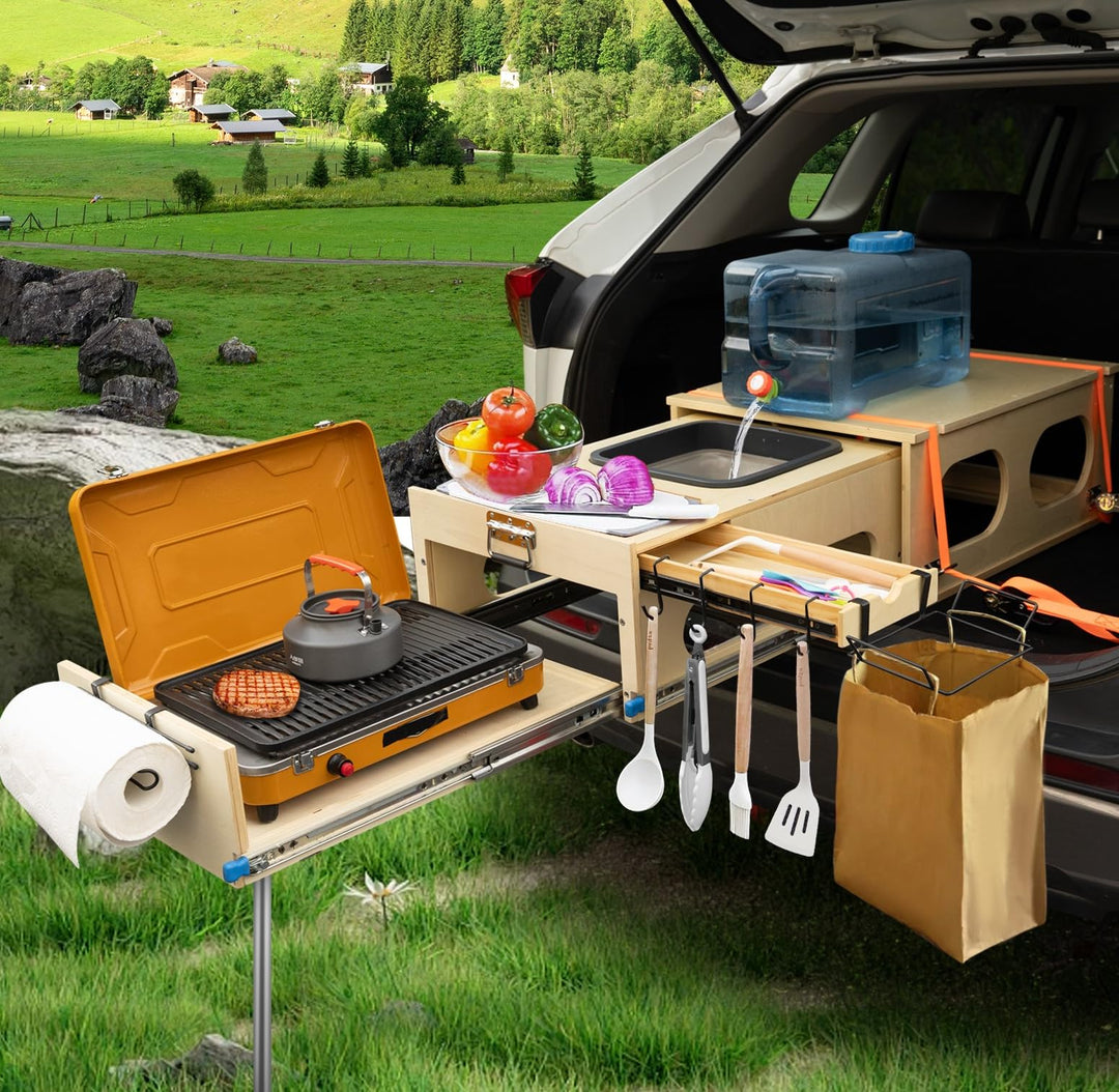 Overland Campingküche, Klappbare Campingbox mit Spüle, küchenbox Camping, Stauraum und Platz für 2 B