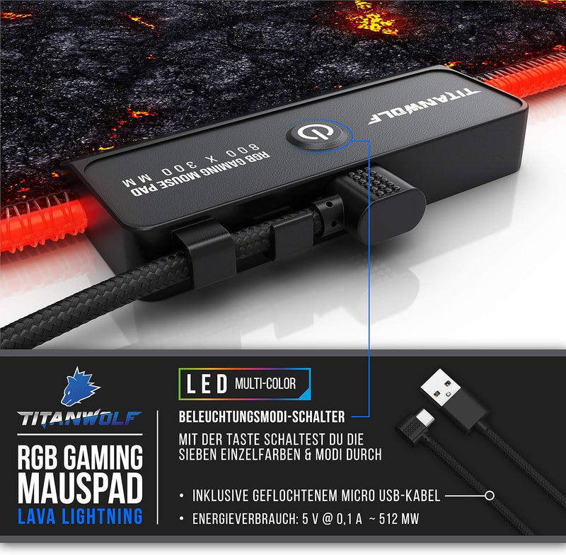 TITANWOLF - RGB Gaming Mauspad - LED Schreibtischunterlage - 800x300 mm - XXL Mousepad - LED Multi C