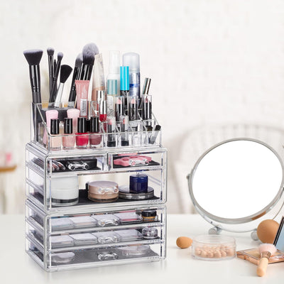 Relaxdays, transparent Kosmetikorganizer mit 6 Schubladen, 22 Fächer Make Up Organizer, Schmink-Aufb