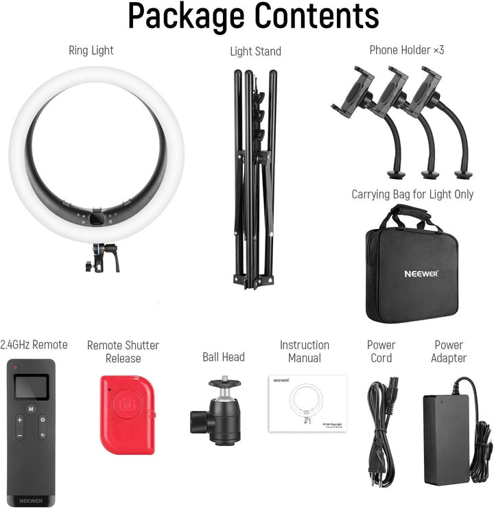 NEEWER 19Zoll Ringlicht mit Ständer,3 Telefonhalterungen & Mini Kugelkopf,verbesserte 2,4G&Touch Ste