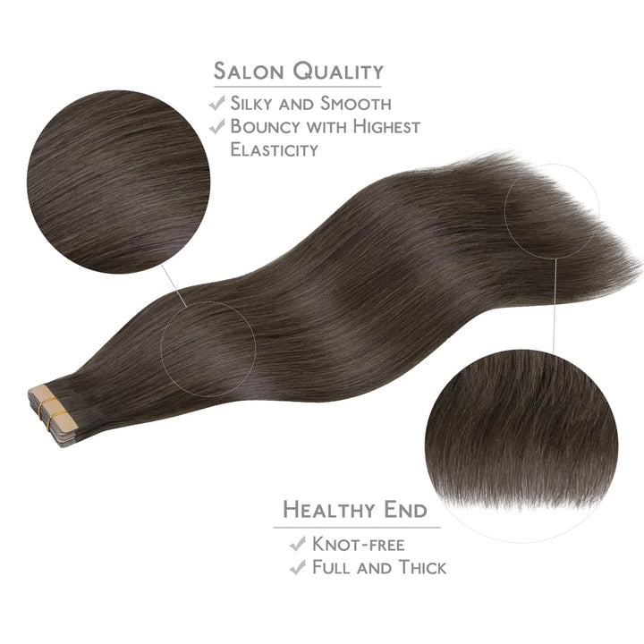 WENNALIFE Tape Extensions Echthaar, 20pcs 50g 60cm 24 Zoll Kühles Dunkelbraun Remy Invisible Tape Ex
