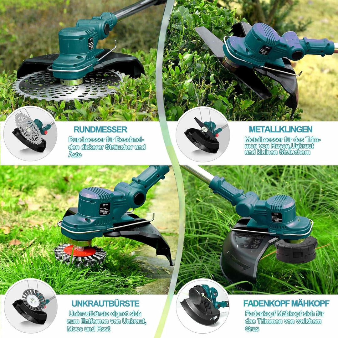 Hengriacly Akku Rasentrimmer mit Akku, Freischneider mit Unkrautbürste Enthält 2 4000mAh Batterien,