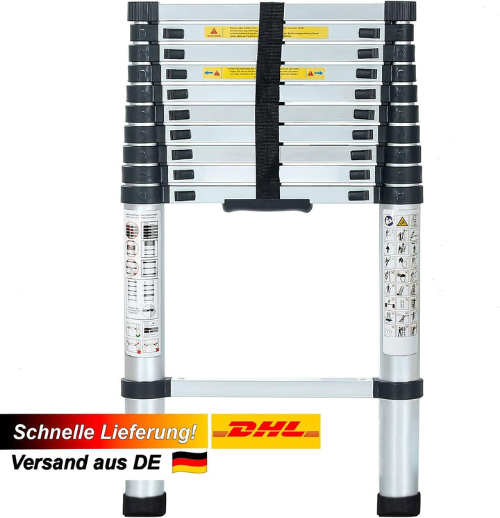 Eaxus® Teleskopleiter 3,2 m | DIN EN 131 | Aluminium Mehrzweckleiter | Ausziehbar mit 11 Stufen | Si