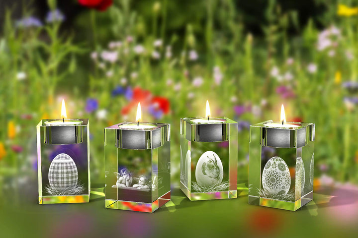 GLASFOTO.COM, Ostern 4er Teelichthalterset, 50 x 80 x 50 mm, Kristallglas 3D Innengravur in Premiumq