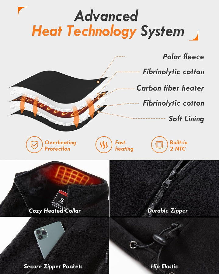 Beheizbare Weste, Fleece Heizweste Damen mit Powerbank 7.4V 12000mAh, Heizweste mit 8 Heizzonen, Beh