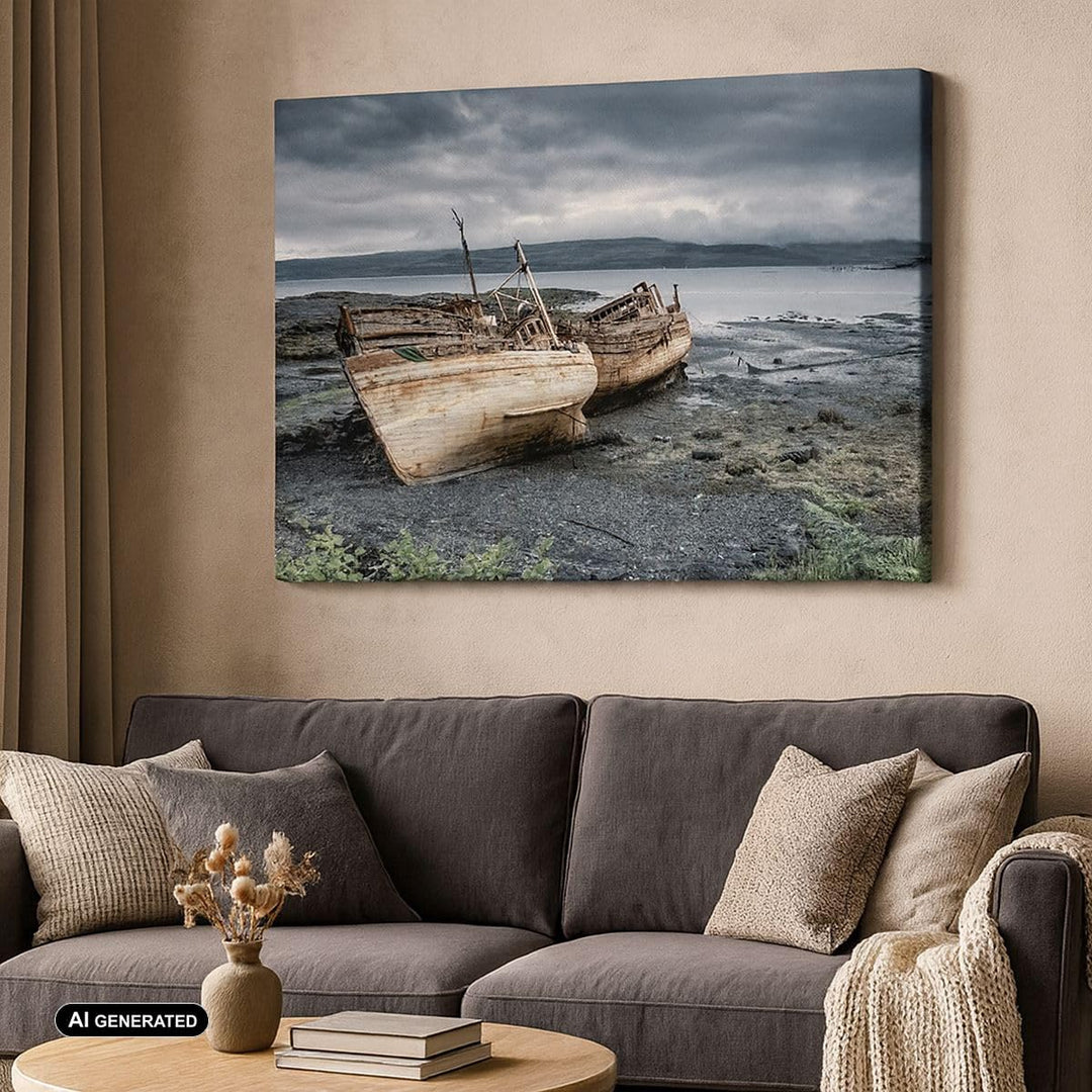 Bilder auf Leinwand Boot Wrack Ufer Leinwandbild mit Rahmen 70x50cm Wandbilder Dekoration Wohnzimmer