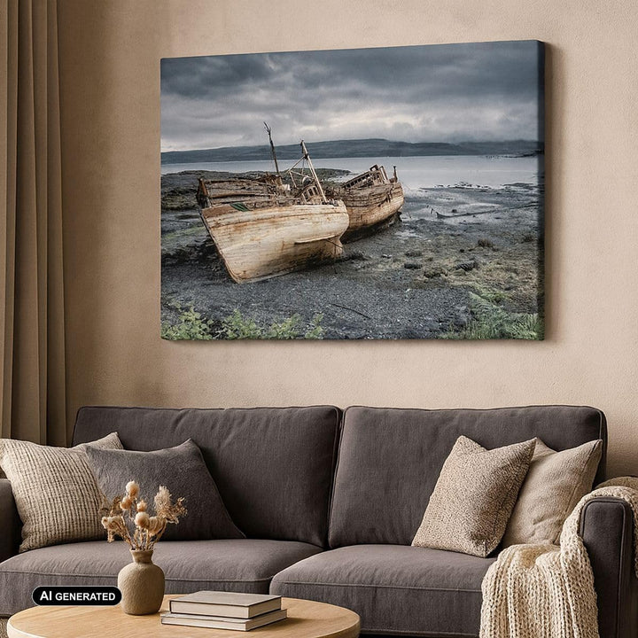 Bilder auf Leinwand Boot Wrack Ufer Leinwandbild mit Rahmen 70x50cm Wandbilder Dekoration Wohnzimmer