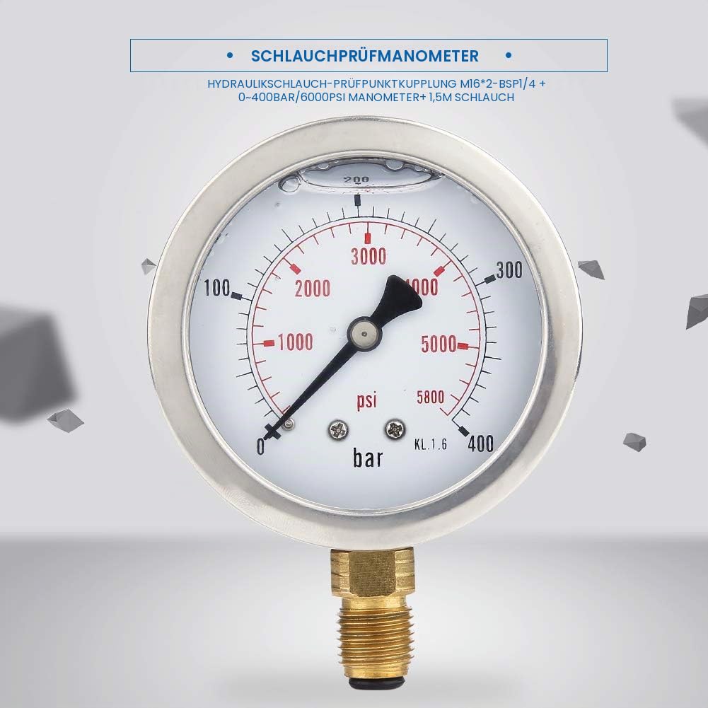 Hydraulisches Manometer-Set, hydraulischer Druckprüfer M16 x 2-BSP1/4 + 0 ~ 400 Bar/6000 PSI Hydraul