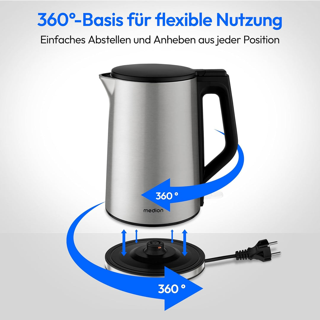 MEDION Wasserkocher Edelstahl (1,5 Liter, 2.200 Watt, 360° Basis, Warmhaltefunktion, LED Betriebsanz
