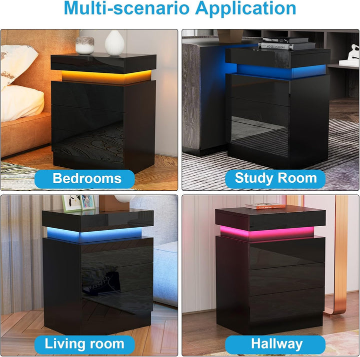 Lvhcmfohm Nachttisch Schwarz 2er Set, Nachtschrank mit Led Licht, Nachtkommode mit 3 Schubladen und